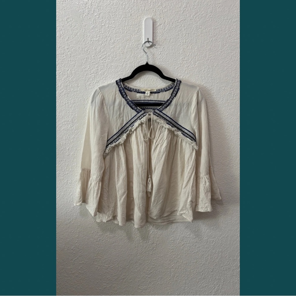 Cream Tie-Front Blouse with Navy Accents